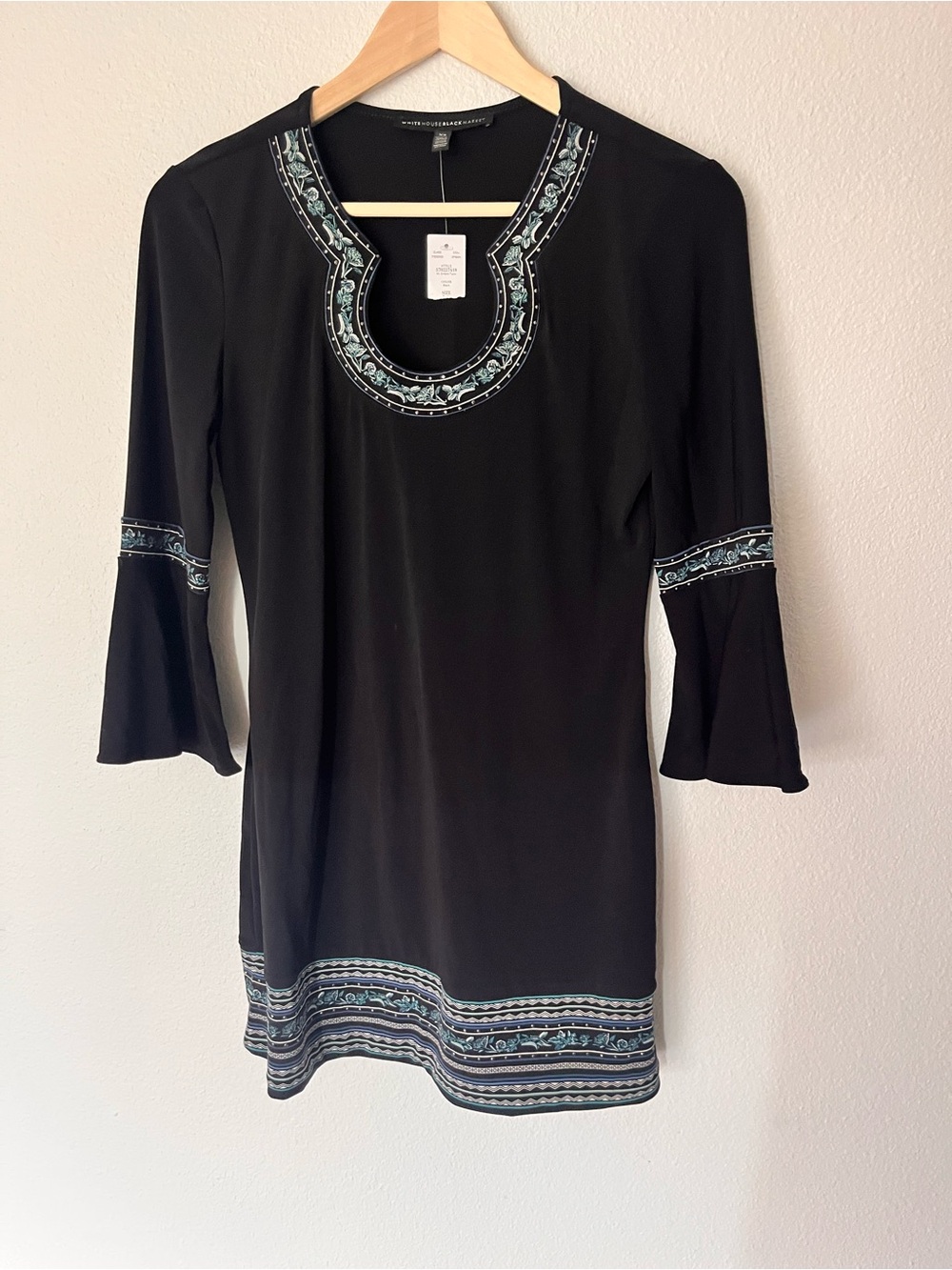 White House Black Market Black Tunic with Teal Embroidered Trim